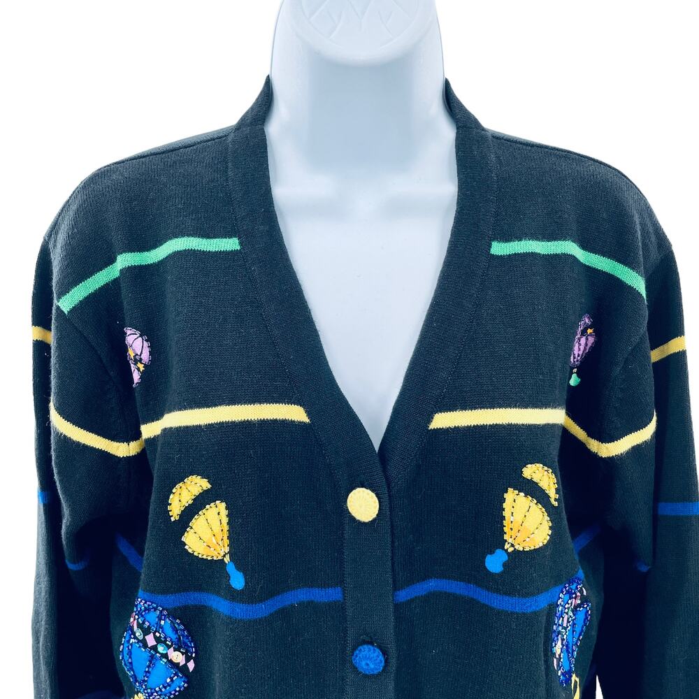 Vintage Terazzo Black Embroidered Colorful Sequin Hot Air Balloons Cardigan M - Picture 4 of 13